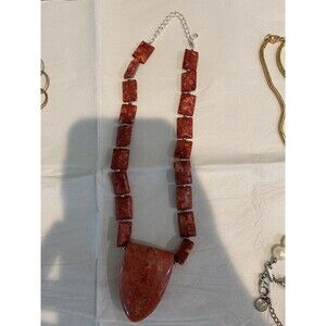 SS4) 925 NECKLACE CARNELIAN STERLING SILVER CARVED 18in GOLD STONE JEWELRY CO